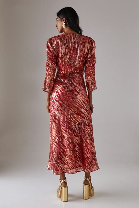 Metallic Jacquard Ruched Sleeve Plunge Neck Bias Midi Dress - Image 3