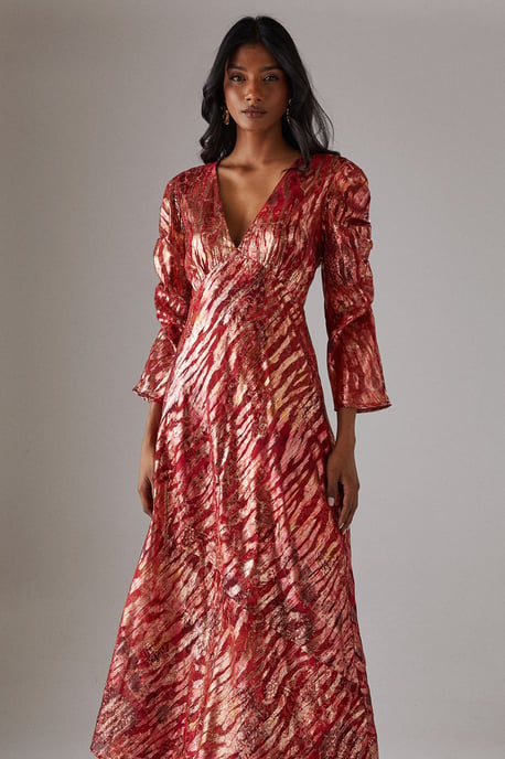 Metallic Jacquard Ruched Sleeve Plunge Neck Bias Midi Dress - Image 4