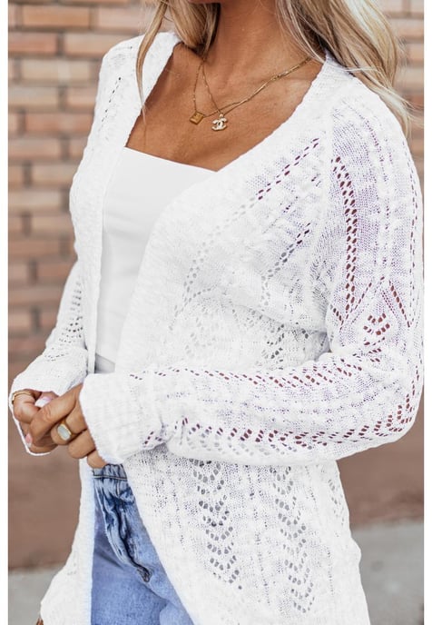 White Solid Open Knit Cardigan - Image 1