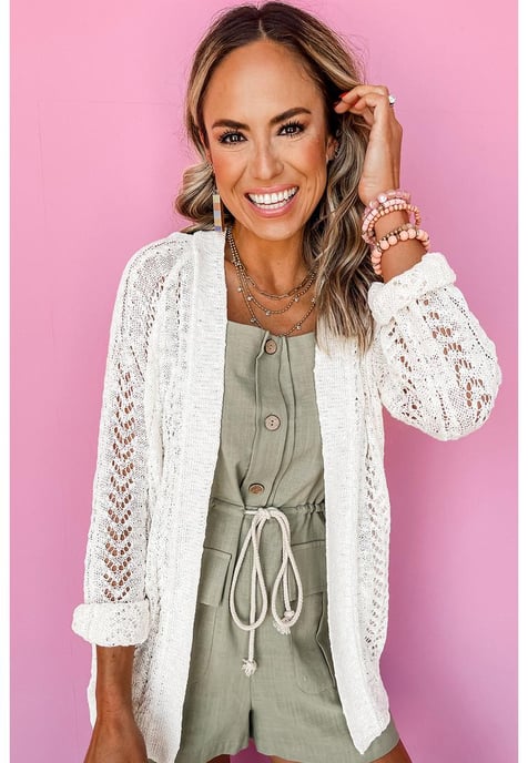 White Solid Open Knit Cardigan - Image 2