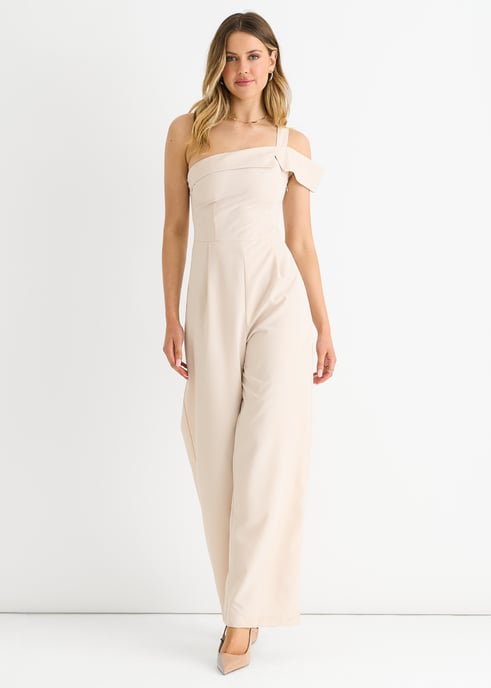 Cream Woven One Shoulder Jumpsuit med vida ben - Image 3