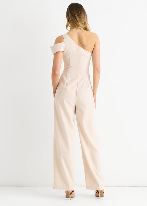 Cream Woven One Shoulder Jumpsuit med vida ben - Image 4