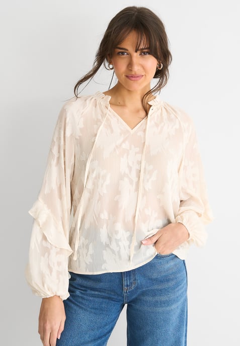 Cream Jacquard Floral Long Sleeve Blouse - Image 2