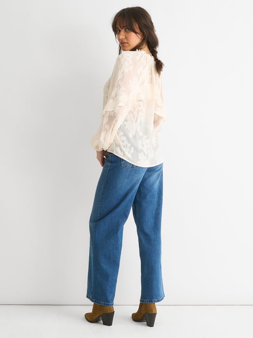 Cream Jacquard Floral Long Sleeve Blouse - Image 3