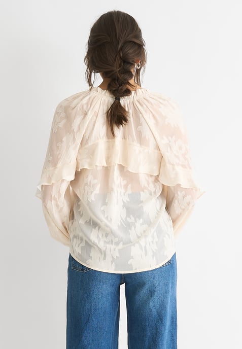 Cream Jacquard Floral Long Sleeve Blouse - Image 4