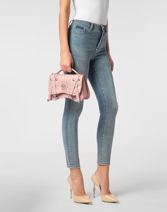 Shiny Crackle Leather Belt Handle Bag Medium Hexagon - Image 3