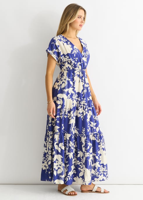 Blue Floral Elastic Waist Maxi Dress - Image 3