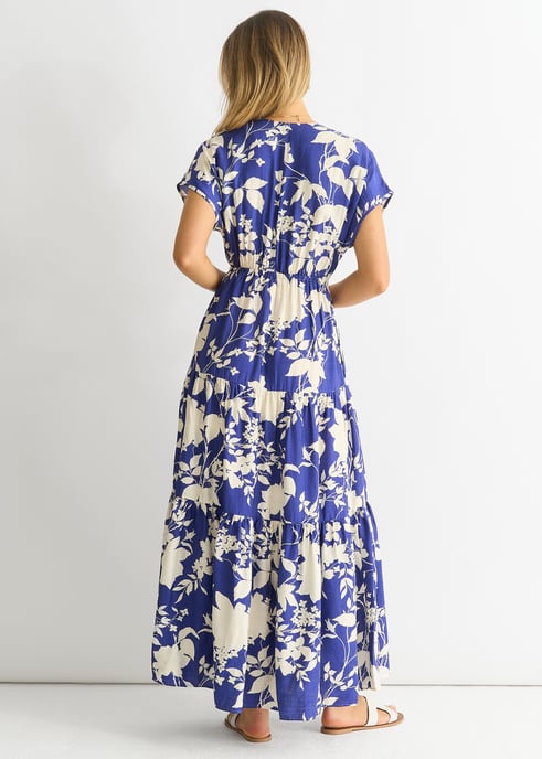 Blue Floral Elastic Waist Maxi Dress - Image 4