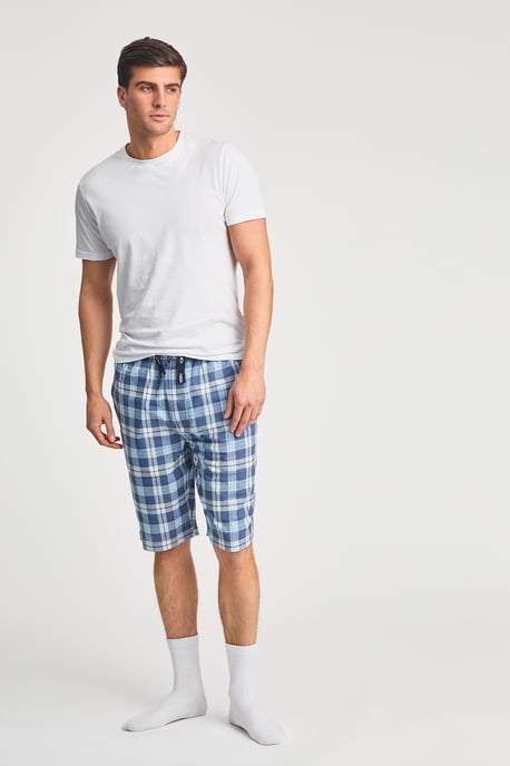 Blue Cotton Checked  Lounge Shorts - Image 3