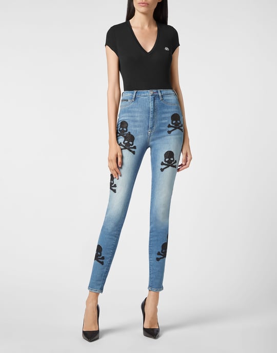 Superhög midja Jeggings med dödskalle - Image 4