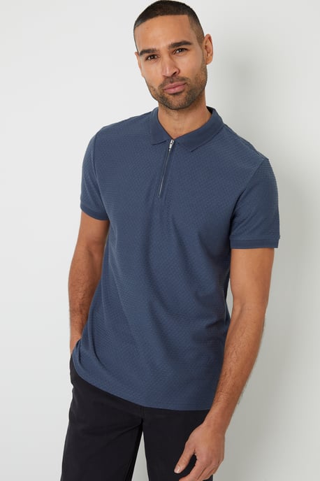Blue Textured Cotton Quarter Zip Polo Shirt - Image 1