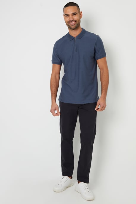 Blue Textured Cotton Quarter Zip Polo Shirt - Image 3