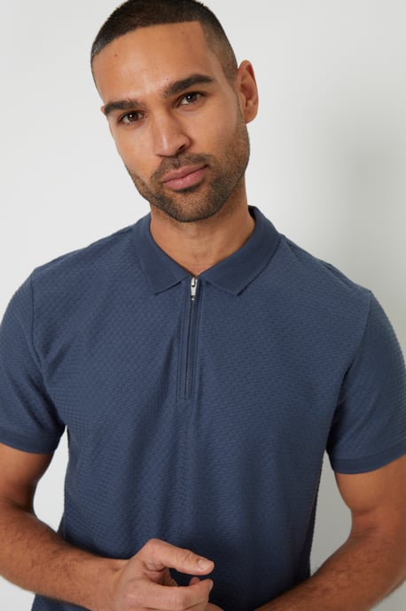 Blue Textured Cotton Quarter Zip Polo Shirt - Image 4