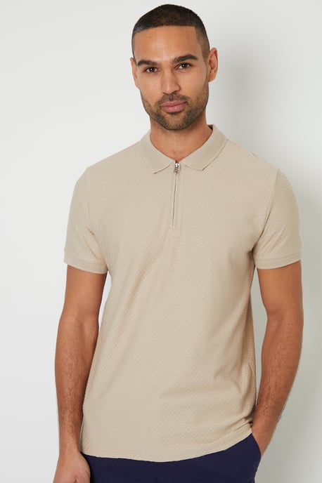 Stone Textured Cotton Quarter Zip Polo Shirt - Image 1