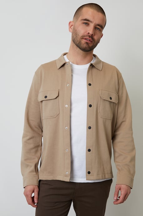 Stone Cotton Blend Popper Fastening Pique Shacket - Image 1