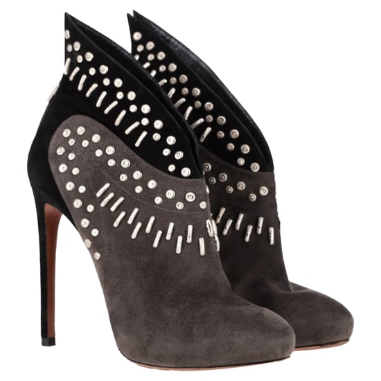 Alaïa Winged Embellished Heeled Ankle Boots in Grey and Black Suede - Image 4