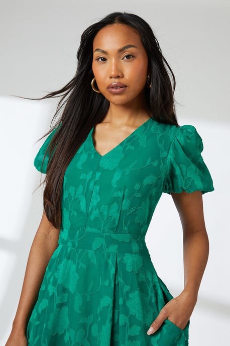 Floral Jacquard Puff Sleeve Midi Dress - Image 2
