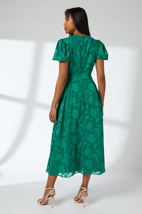 Floral Jacquard Puff Sleeve Midi Dress - Image 3