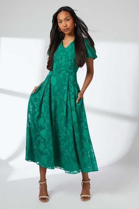 Floral Jacquard Puff Sleeve Midi Dress - Image 4