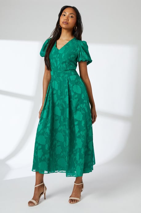 Floral Jacquard Puff Sleeve Midi Dress - Image 5