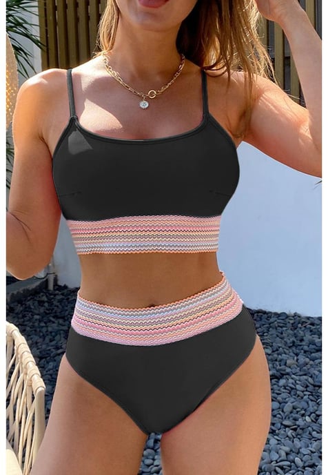 Black Striped Patchwork Spaghetti Strap High Waist Bikini Swimsuit - Image 1