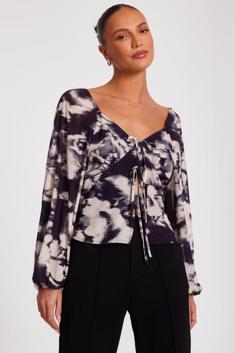 Black Marble Print Tie Front Top - Image 1