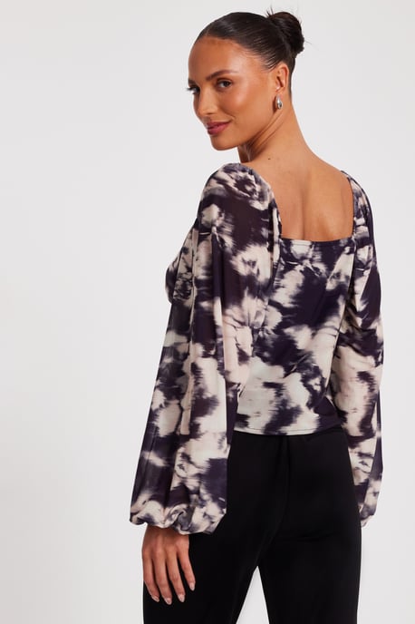 Black Marble Print Tie Front Top - Image 3