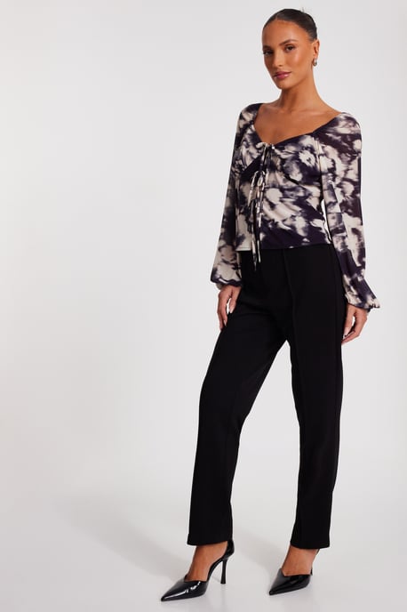 Black Marble Print Tie Front Top - Image 4