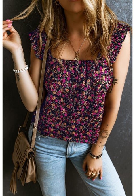 Rose Boho Frilled Straps Floral Tank Top - Image 1