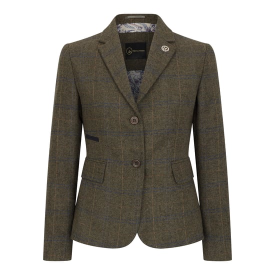 Women's Olive Tailored Fit Tweed Blazer in Herringbone Check - Image 1