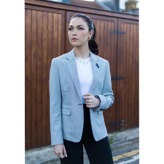 Beige tweed getailleerde wolmix blazer voor dames - Image 2