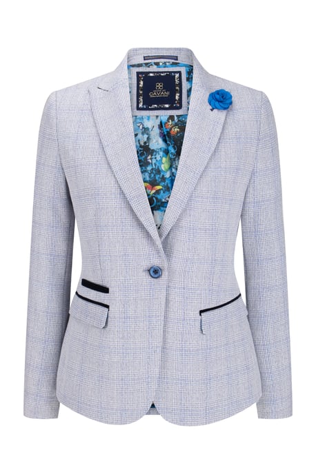 Dames blauw geruite blazer van wolmix met visgraatmotief en tweedmotief - Image 1