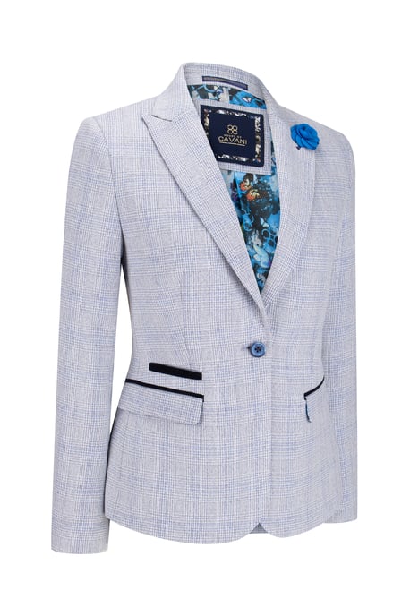 Dames blauw geruite blazer van wolmix met visgraatmotief en tweedmotief - Image 3