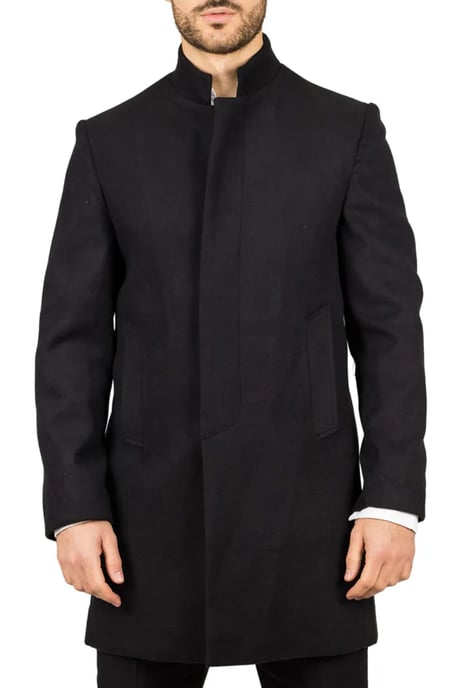Men's Black Stand Collar Wool Blend Overcoat - Image 1