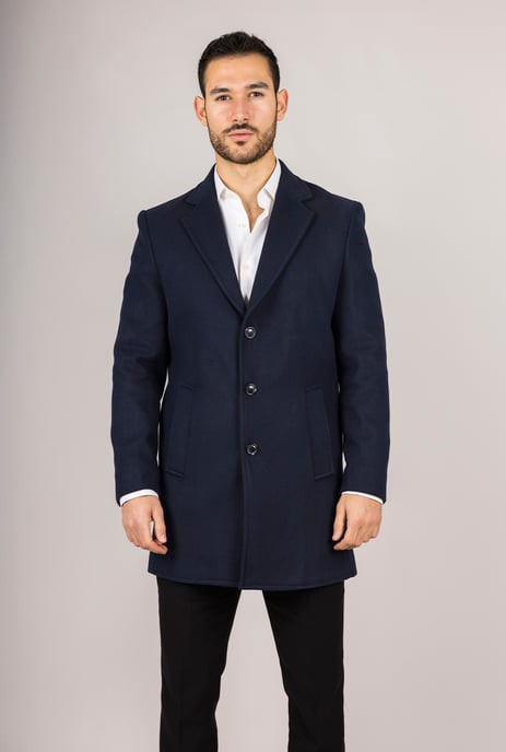 Men's Notched Lapel Collar Wool Blend Navy Overcoat - Image 1