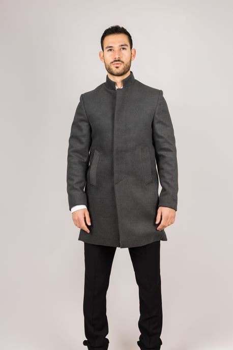 Men's Grey Stand Collar Wool Blend Overcoat - Image 1