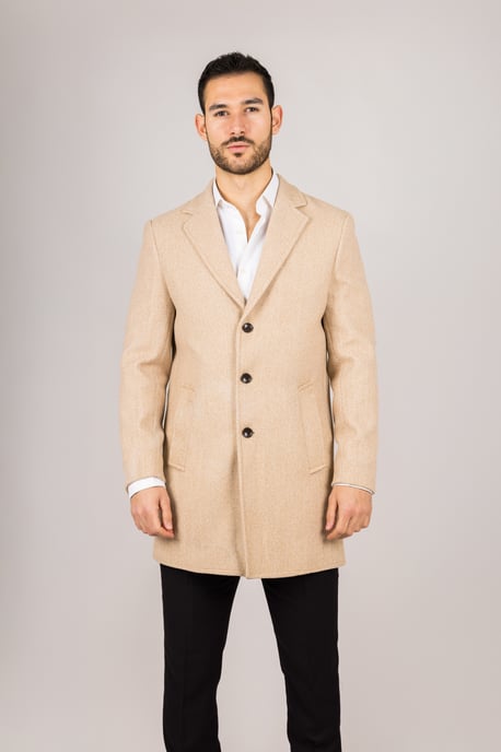 Men's Notched Lapel Collar Wool Blend Beige Overcoat - Image 1