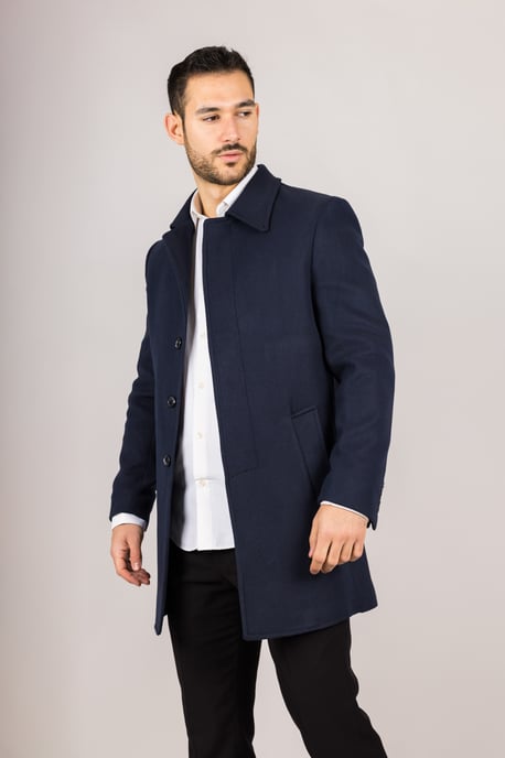 Men's Wool Blend Classic Collar Navy Overcoat - Image 1