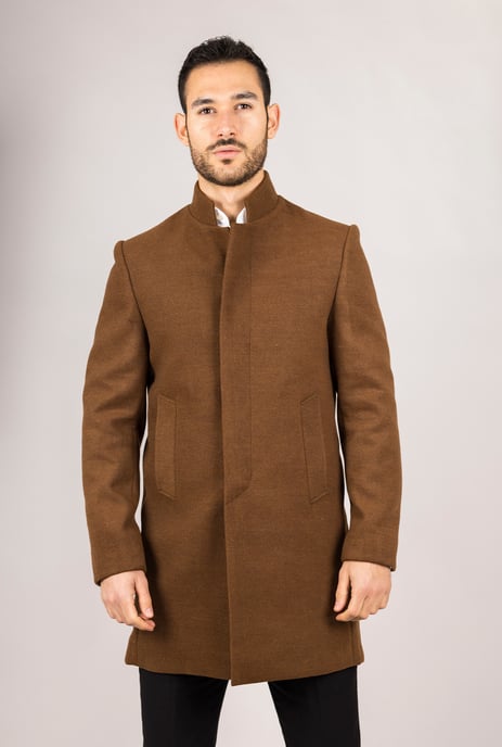 Men's Brown Stand Collar Wool Blend Overcoat - Image 1