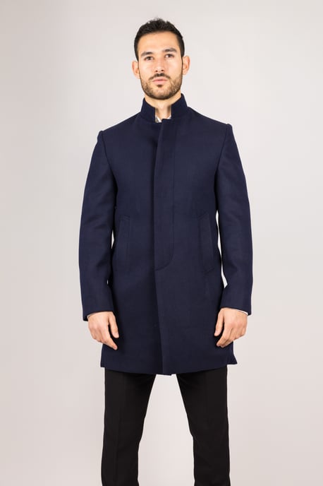 Men's Navy Stand Collar Wool Blend Overcoat - Image 1
