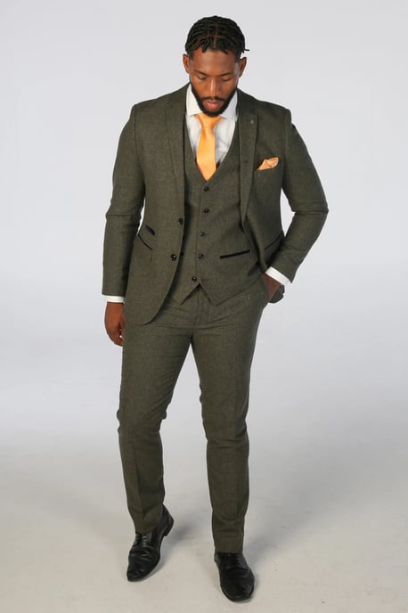 Men's Olive Green Wool Blend Tweed Formal Trousers - Image 2