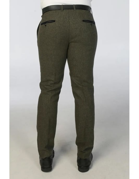 Men's Olive Green Wool Blend Tweed Formal Trousers - Image 3