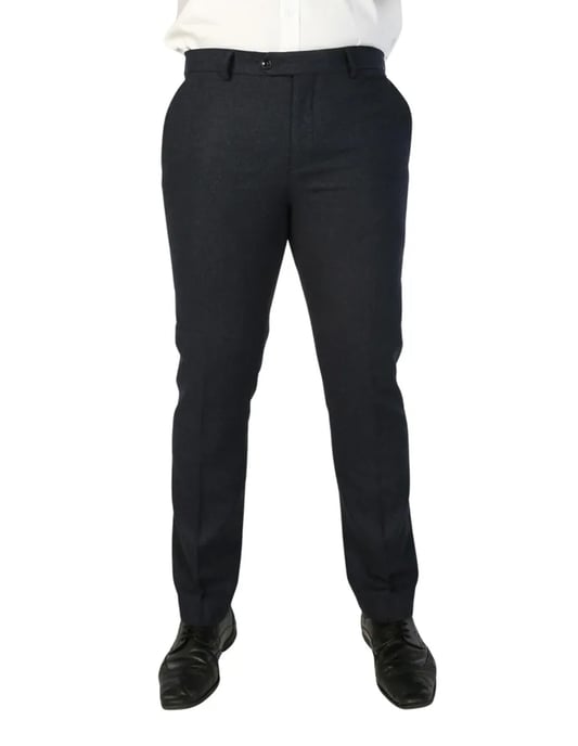 Men's Navy Blue Wool Blend Tweed Formal Trousers - Image 1
