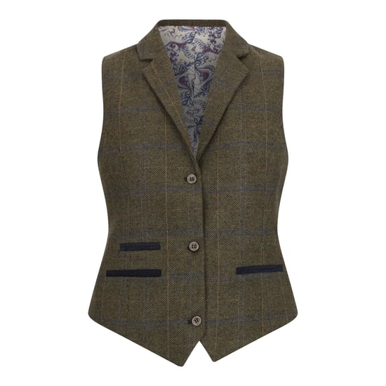 Women's Olive Tailored Fit Tweed Waistcoat in Herringbone Check - Image 1