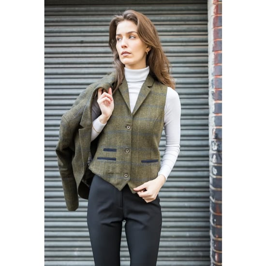 Women's Olive Tailored Fit Tweed Waistcoat in Herringbone Check - Image 2