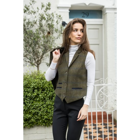 Women's Olive Tailored Fit Tweed Waistcoat in Herringbone Check - Image 5