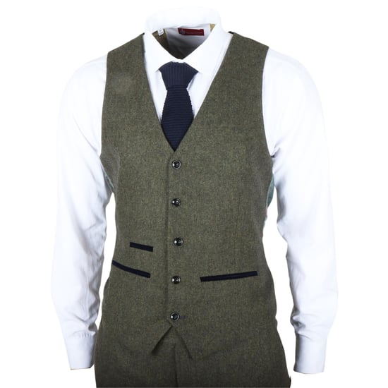 Heren olijfgroene wolmix tweed formele vesten - Image 2
