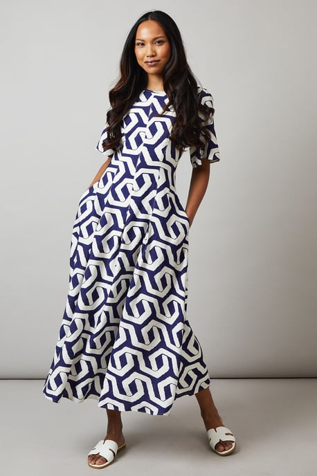 Navy Geo Print Seam Detail Midi Dress - Image 1