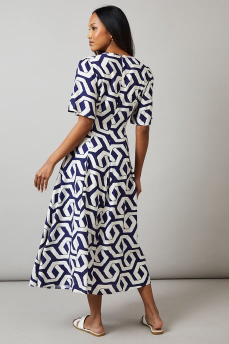 Navy Geo Print Seam Detail Midi Dress - Image 3