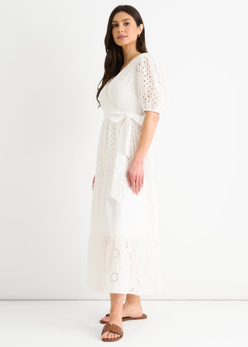 White Wrap Broderie Cotton Belted Midi Dress - Image 3